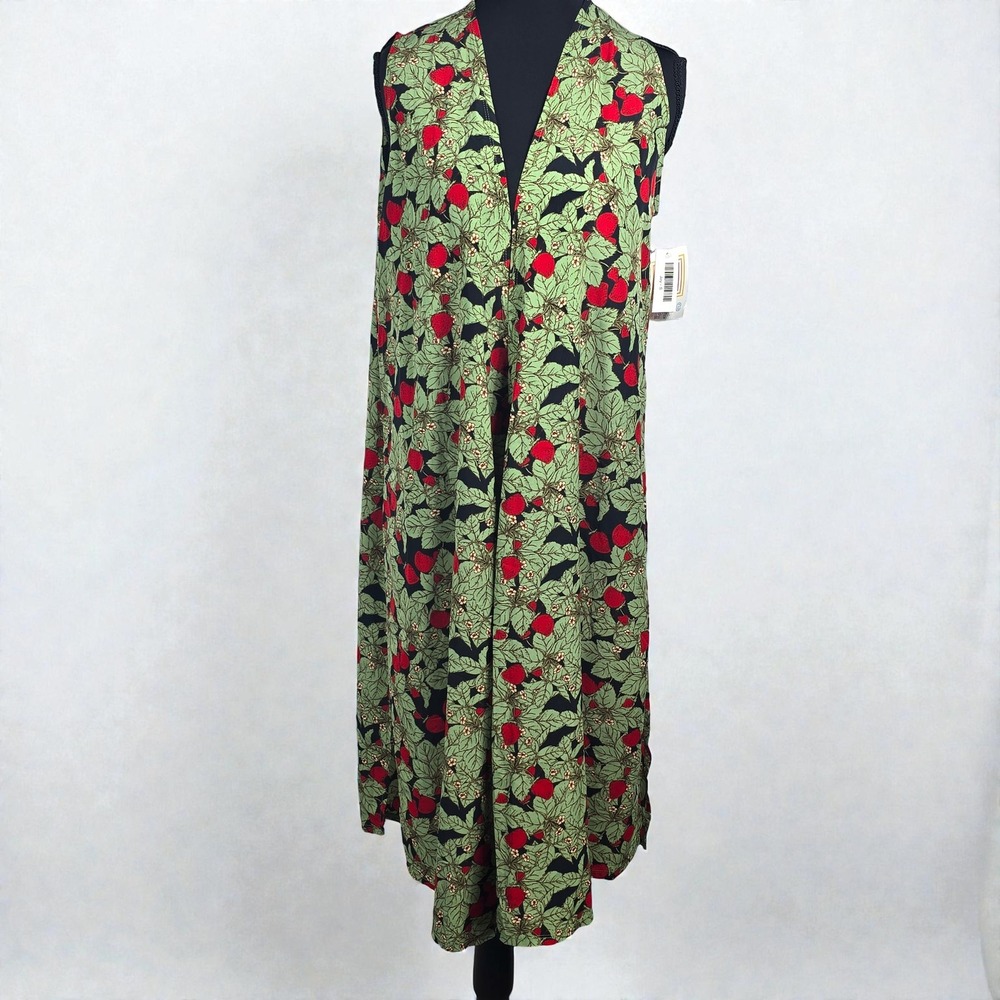 LuLaRoe Joy Duster Vest Small Strawberry Fruit Print‎ Black Green Longline NWT